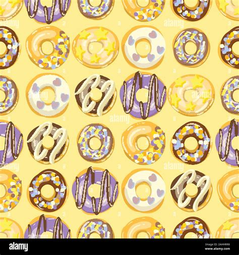 Glazed Donuts Seamless Pattern Bakery Vector Illustration Top View