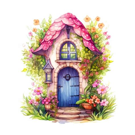 Premium Vector Fairy Tale House Surrounded By Flowers Watercolor Painted