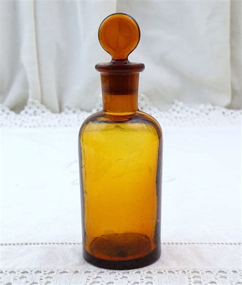 Small Antique French Brown Amber Glass Bottle With Stopper Retro Round Medicine Flask From