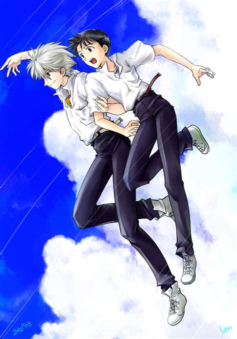 Safebooru Arm Grab Belt Black Hair Blue Sky Brown Hair Cloud Falling Grey Hair Ikari Shinji