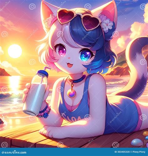 A Cute Anime Cat Girl in Dynamic Pose, at a Beach with Sunrise, Drinking Milk, Adorable, Digital ...