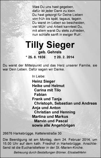 Traueranzeigen Von Tilly Sieger Nordwest Trauer De