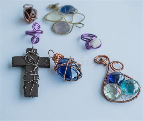 Unique Handmade Jewelry Made Of Copper Wire And Colourful Stones Stock