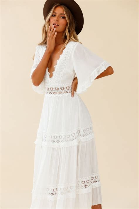 Indio Crochet Insert Deep V Neckline Angel Sleeve Maxi Dress White