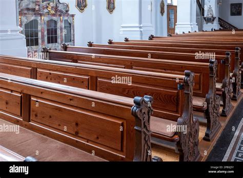 Empty Wooden Church Pews No People Stock Photo Alamy