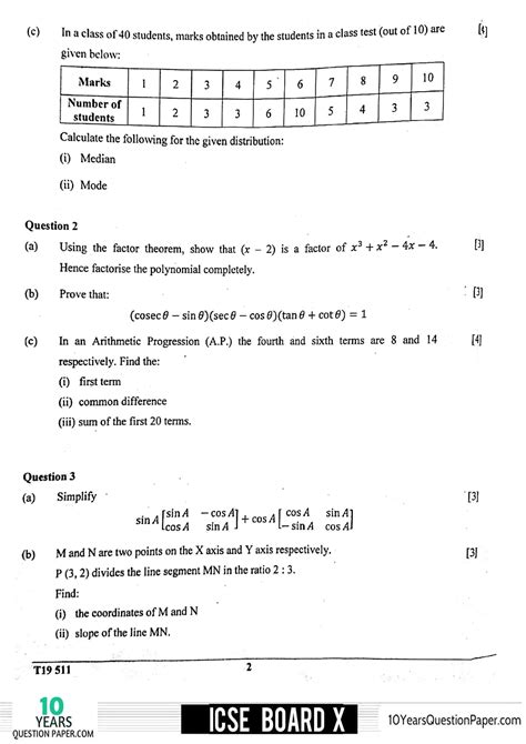 Icse 2019 Mathematics Question Paper For Class 10