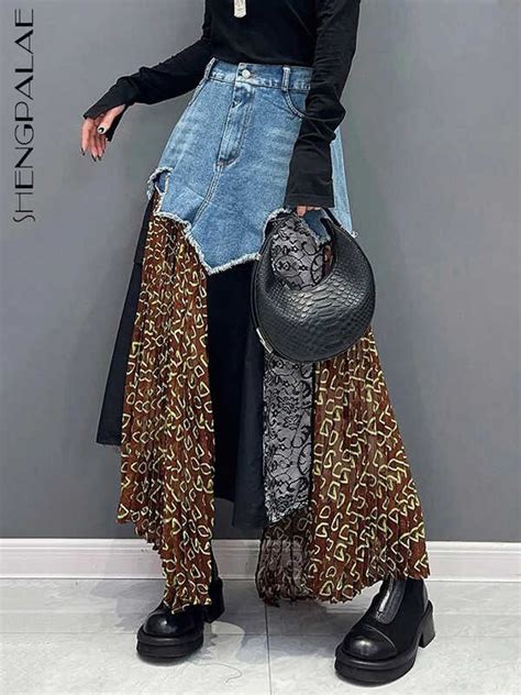 Denim Patchwork Shengpalae Skirt For Women Irregular Design Contrast