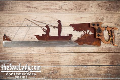 Man And Woman In Fishing Boat Metal Saw Wall Art Gift For Fishermen