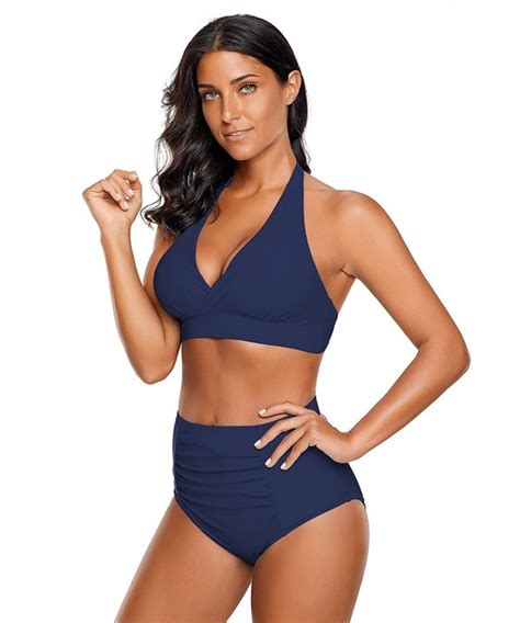 Women S Halter Self Tie Ruched High Waist Two Piece Bikini Set Swimsuits Navy Blue C GK UN