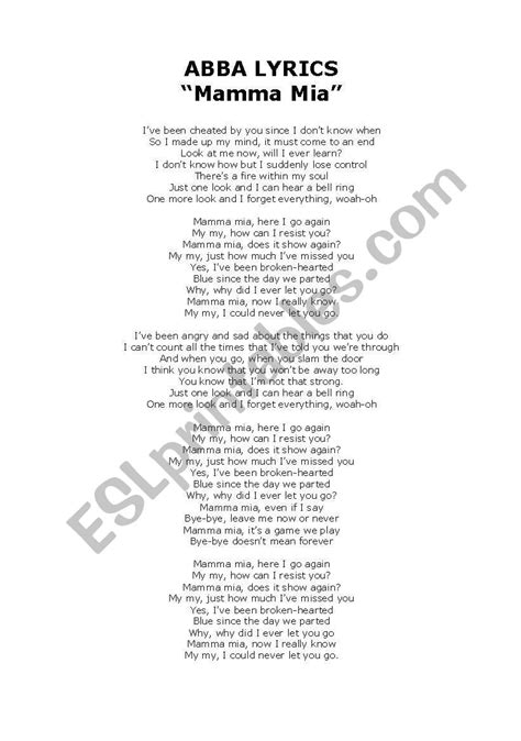 Mamma Mia By Abba Esl Worksheet By Jacthebrat Off