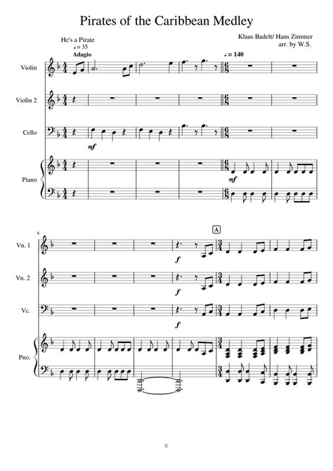 Pirates Of The Caribbean Medley Sheet Music For Piano Violin Cello