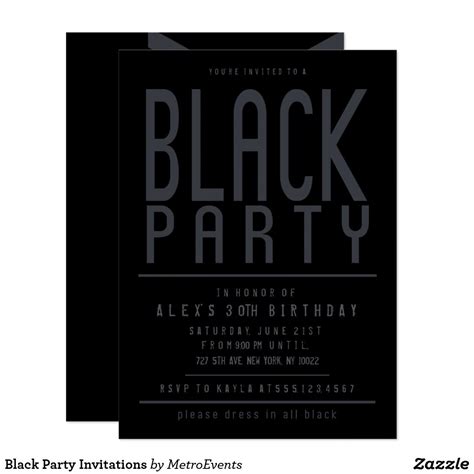 A Black And White Party Card With The Words Black Party Written In Silver On It