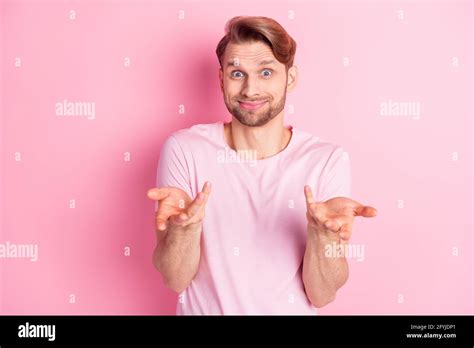 Photo Of Funny Handsome Young Gentleman Dressed Casual T Shirt Rising