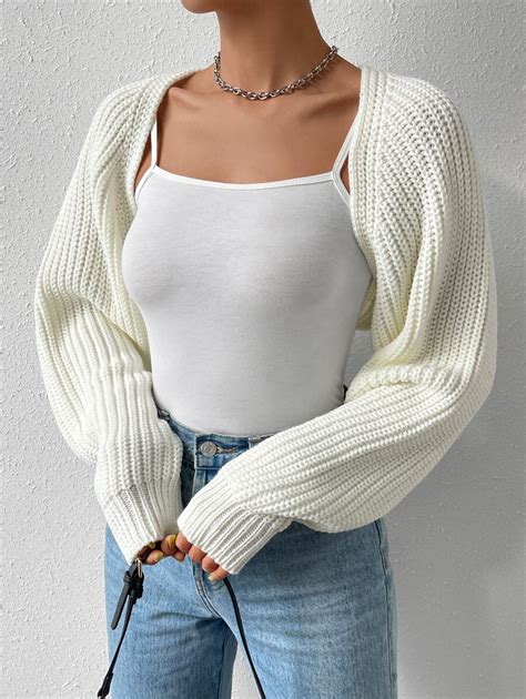 Shein Ezwear Balletcore Ribbed Knit Raglan Sleeve Shrug Crop Cardigan