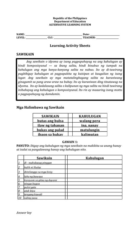 Ls 1 Sawikain For Als Republic Of The Philippinesdepartment Of Education Alternative