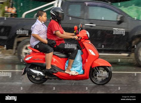 Samut Prakan Thailand Sep A Woman With Boy Rides A