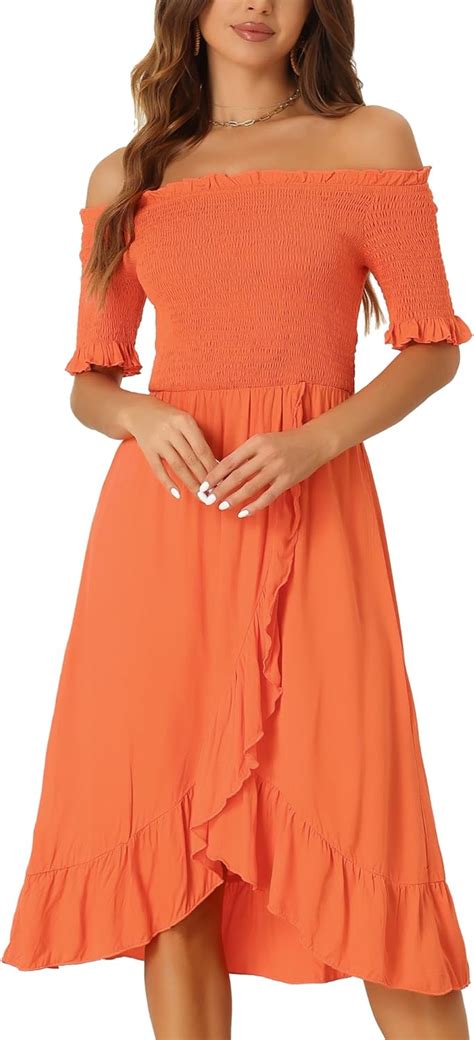 Allegra K Summer Smocked Dresses For Womens Off The Shoulder Ruffle Hem Midi Dress At Amazon