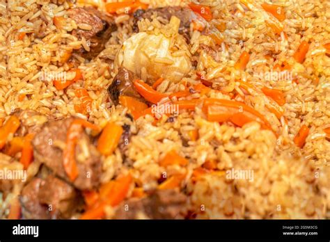 Pilaf Close Up Oriental Cuisine Concept National Uzbek Pilaf With