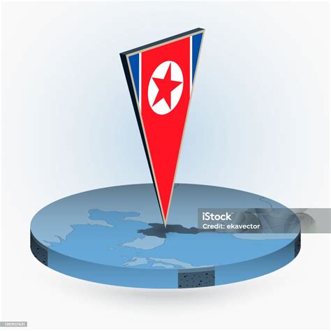 Korea Utara Peta Dalam Gaya Isometrik Bulat Dengan Bendera 3d Segitiga