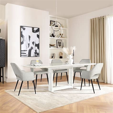 Tokyo Extending Dining Table And 4 Clara Chairs White Marble Effect Light Grey Classic Boucle