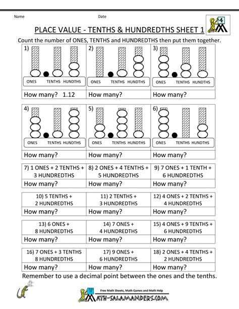 Grade 5 Tenths And Hundredths Worksheet