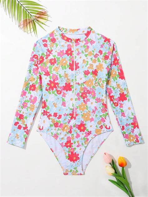 Teen Girls Floral Print Zipper Front One Piece Swimsuit Shein Usa