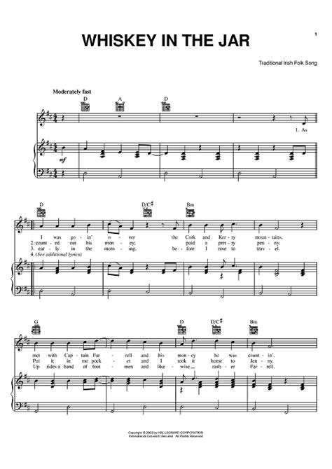 Whiskey In The Jar Sheet Music By Metallica Sheet Music Pianos And