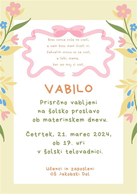 Vabilo Na Prireditev Ob Materinskem Dnevu O Jakobski Dol