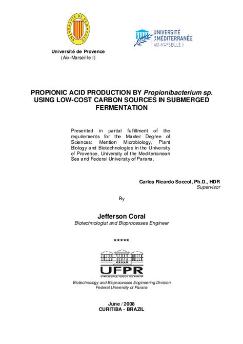 Pdf Propionic Acid Production By Propionibacterium Sp Using Low Cost Carbon Sources In