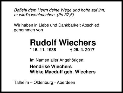 Traueranzeigen Von Rudolf Wiechers Nordwest Trauer De