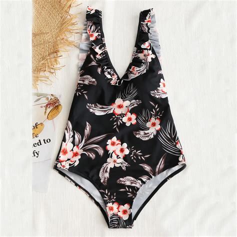 Kancoold Black Floral One Piece Swimsuit Women High Leg Cut Sexy