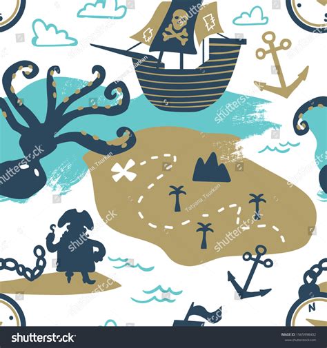 Pirates Seamless Pattern Octopus Ship Treasure Stock Vector Royalty