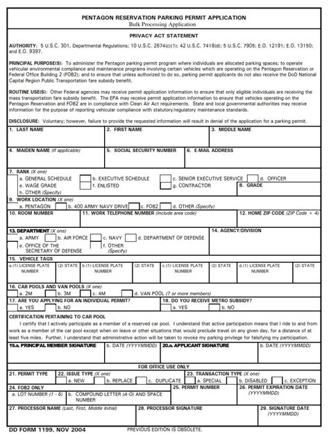 Dd Form Pentagon Reservation Parking Permit Application Dd Forms