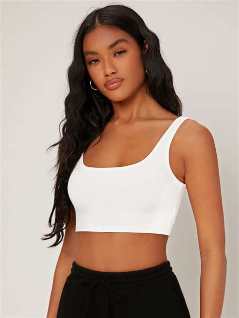 Shein Basics Scoop Neck Solid Crop Tank Top In 2023 White Crop Top