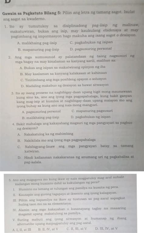 D Gawain Sa Pagkatuto Bilang 5 Piliin Ang Letra Ng Tamang Sagot