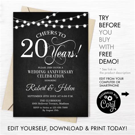 20th Wedding Anniversary Party Invitation Instant Download Etsy