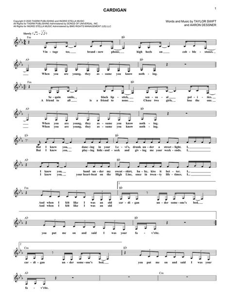 Taylor Swift cardigan Sheet Music Notes, Chords | Sheet music, Sheet ...