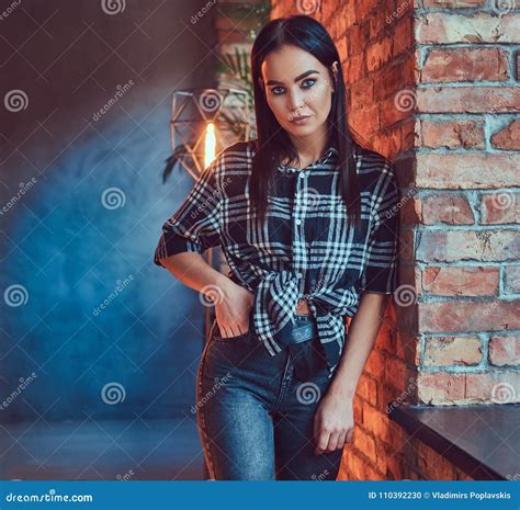 Portrait Of An Attractive Brunette Dressed In Flannel Shirt Stock Photo Image Of Caucasian