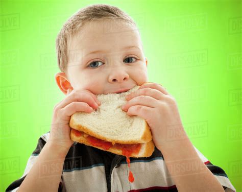 Caucasian Boy Eating Peanut Butter And Jelly Sandwich Stock Photo