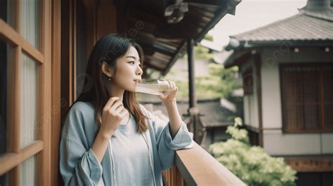 일본 집 발코니에 앉아 물을 마시는 여자 베란다에서 라무네를 마시는 여자 고화질 사진 사진 어깨 배경 일러스트 및 사진