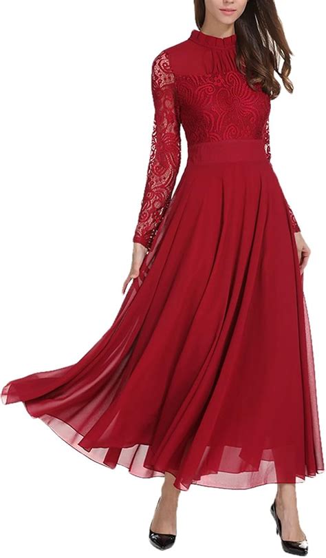 Milumia Womens Vintage Floral Lace Long Sleeve Ruched Neck Flowy Long Dress Red X