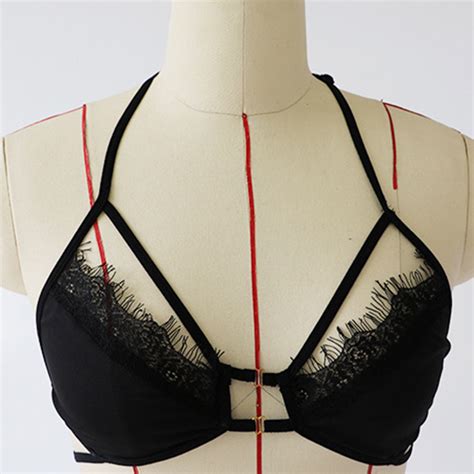 Sexy Strappy Bandage Lace Trim Halter Bra And Thong Bikini Lingerie Set N19380