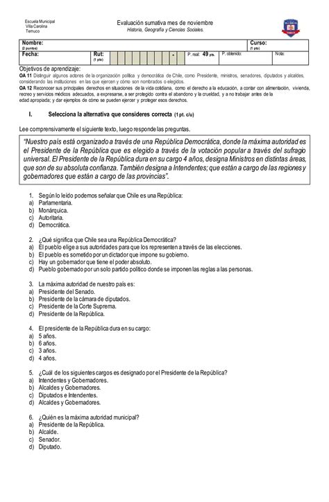 Prueba De Historia Geograf A Y Ciencias Sociales Noviembre Pdf