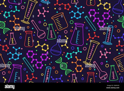 Chemistry Science Seamless Pattern Flask Beaker And Structure Chemical Atom Doodle Laboratory