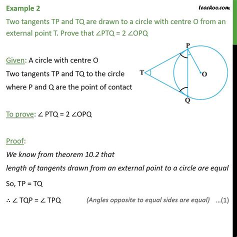 Example 2 Two Tangents TP And TQ Are Drawn From Point T Prove PTQ