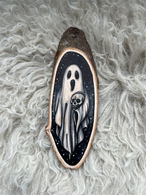 Wood Slice With An Original Drawing Of A Ghost Holding A Skull Etsy