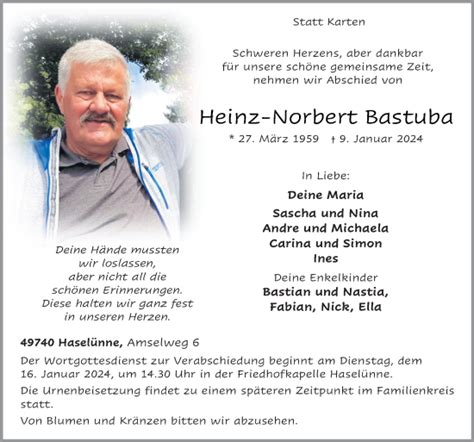 Traueranzeigen Von Heinz Norbert Bastuba Noz Trauerportal