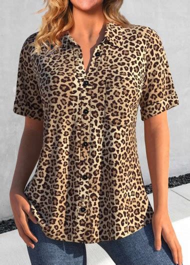 ROTITA Button Leopard Dark Camel Shirt Collar Short Sleeve Blouse