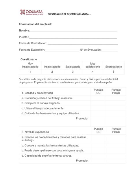 Cuestionario De Desempeño Laboral Pdf Cuestionario Sicología