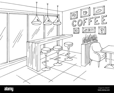 Cafe Interior Graphic Black White Sketch Illustration Vector Stock